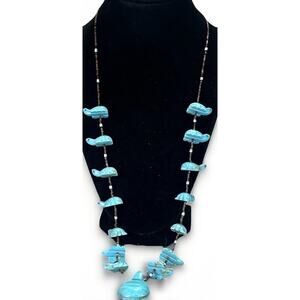 Native American Zuni Turquoise Turtle Multi Animal Fetish Heishi Shell Necklace